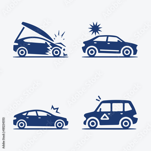 Car Accident and Crash Solid Vector Icon Set: Insurance, Damage, and Road Safety Symbols