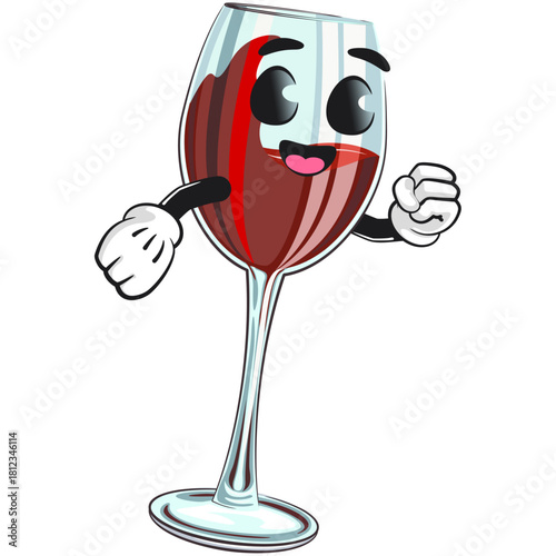 cute red wine glass mascot character make a move, funny cartoon vector illustration, work of hand drawn