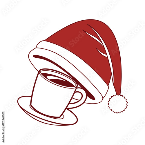 Christmas santa hat resting on a coffee cup and saucer