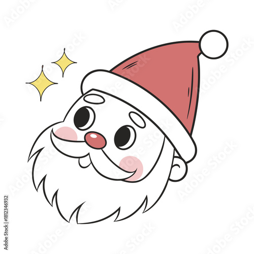 Cute cartoon santa claus face with rosy cheeks and sparkling stars