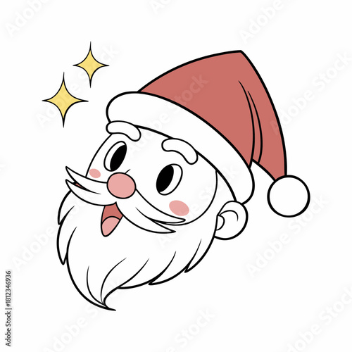 Cute cartoon santa claus face with rosy cheeks and sparkling stars