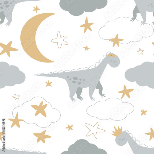 Dinosaurs roam among clouds and space bodies, seamless pattern with night sky and moons, cute dinosaur sleeping in the sky among clouds and stars, cute children's pattern for fabric and wallpaper 
