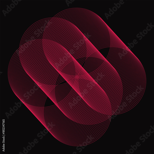 Circular crimson line patterns intertwine, creating an abstract form against a solid dark background