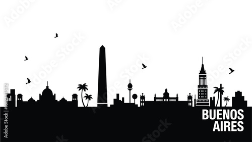 Buenos aires skyline silhouette with obelisk and birds