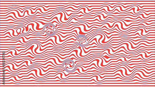 Red wavy lines create a mesmerizing optical illusion with circular blue distortions on white background