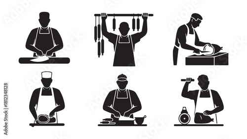 Set of butcher icons silhouette vector illustration of meat processing and preparation isolated on white background