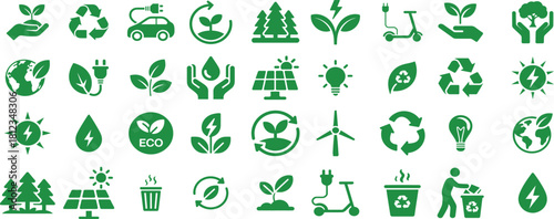 Green ecology, renewable energy, recycling, sustainability icons