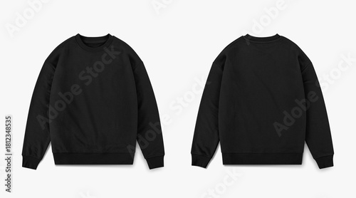 black crewneck from front and back side on white background, regular black sweatshirt for mockup