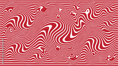 White curved stripes on a crimson background produce a dynamic fluid optical abstract illusion