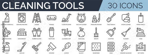 Set of 30 outline icons related to cleaning tools. Linear icon collection. Editable stroke. Vector illustration