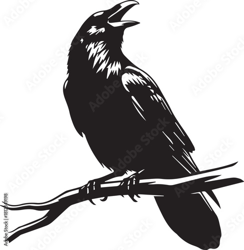 Majestic black raven perched on a gnarled branch with open beak