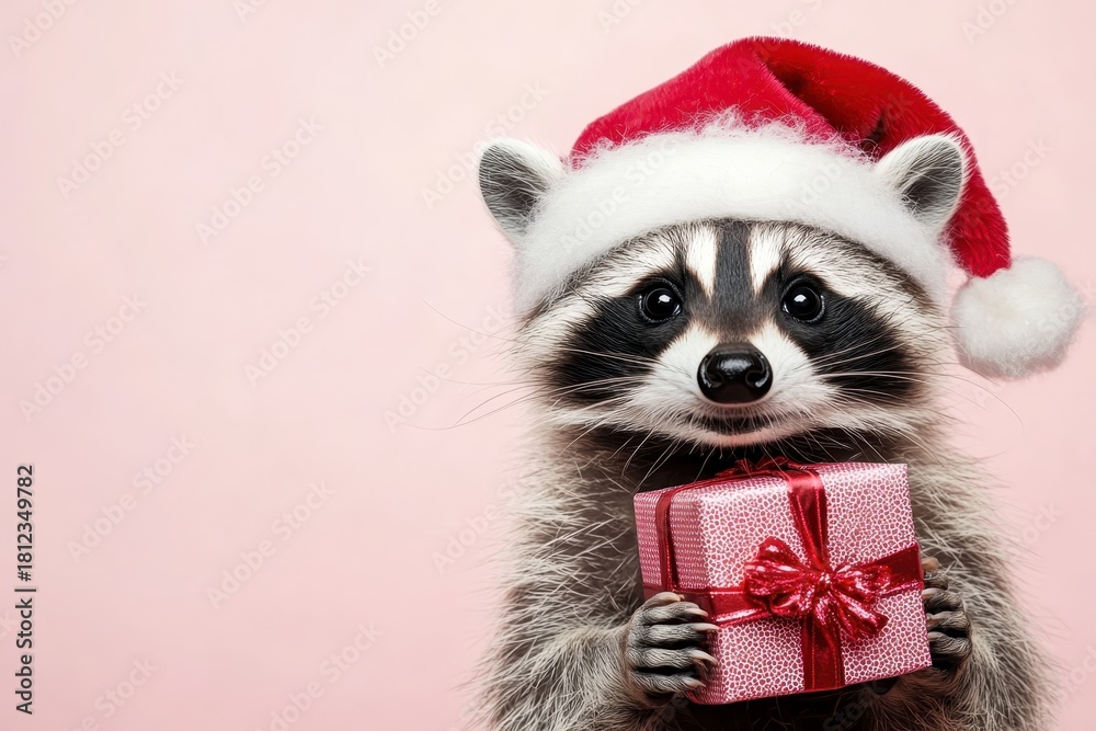Naklejka premium A cute raccoon wearing a Santa hat and holding a gift, set against a soft pink flat background. The design features plenty of blank space, making it perfect for New Year and Christmas ...