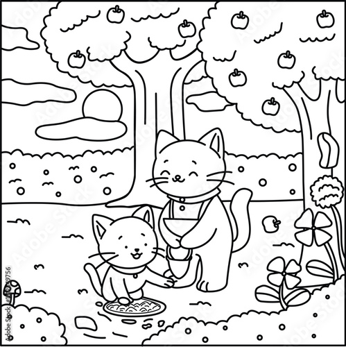 Adorable kittens enjoying a sunny day under apple trees in a garden coloring page