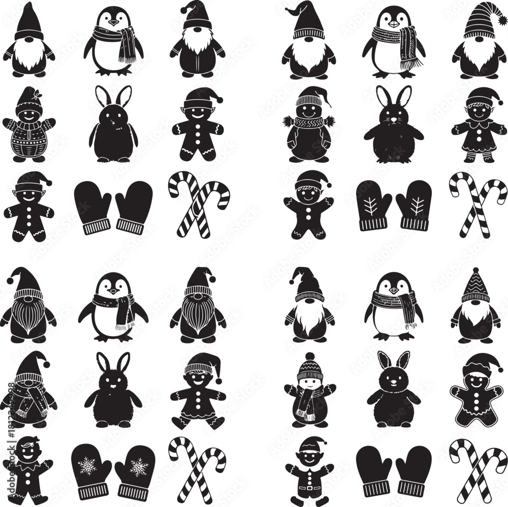 Naklejka premium Christmas Holiday Silhouettes of Gnomes Penguins Rabbits Gingerbread Men Mittens Candy Canes