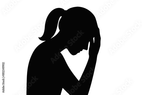 Woman silhouette stressed holding head hand isolated on white background