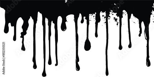 Ink streaks fall in sharp, bold lines, cutting straight paths from the top to the bottom of the white surface. Abstract flowing black paint drips against clean white background.