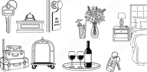 Collection of hotel amenities and services in a line art sketch style