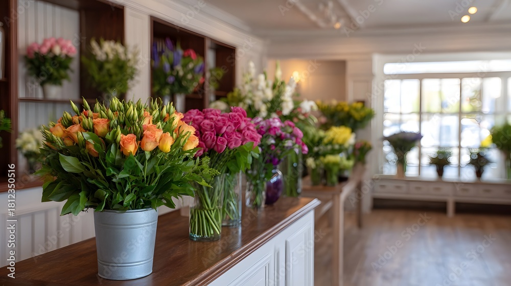 Fototapeta premium Interior of a flower shop displaying vibrant floral arrangements in vases on a counter
