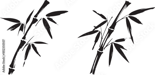 Two Black Ink Bamboo Branches With Leaves leaf plant