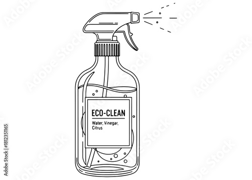 Eco-friendly vinegar cleaning spray bottle. DIY natural household cleaner with citrus. Zero waste sustainable lifestyle. Black and white line art vector.