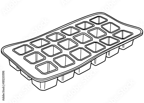 Reusable silicone ice cube tray sketch. Kitchen mold for freezing water. Black and white line art vector illustration for household.