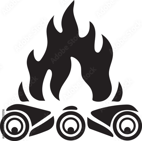 Campfire Silhouette with Burning Logs and Flames wood