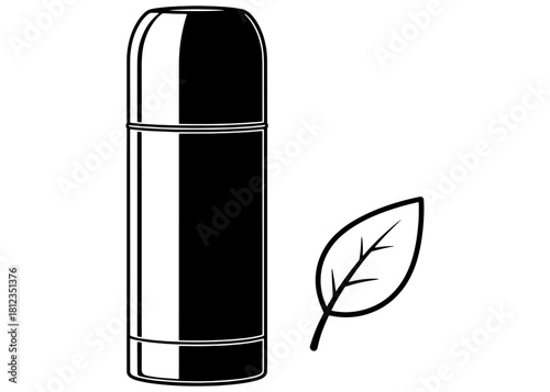 Reusable stainless steel thermos bottle with leaf icon. Eco-friendly insulated water container. Zero waste vector line art illustration.