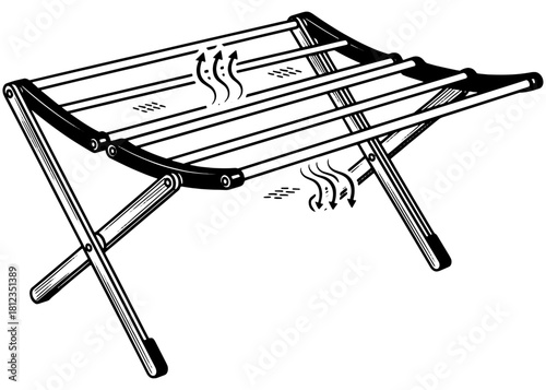 Foldable wooden clothes drying rack sketch. Eco-friendly bamboo laundry stand. Black and white line art vector illustration for household chores.