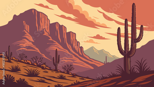 Big Bend desert mountains cactus sunset palette