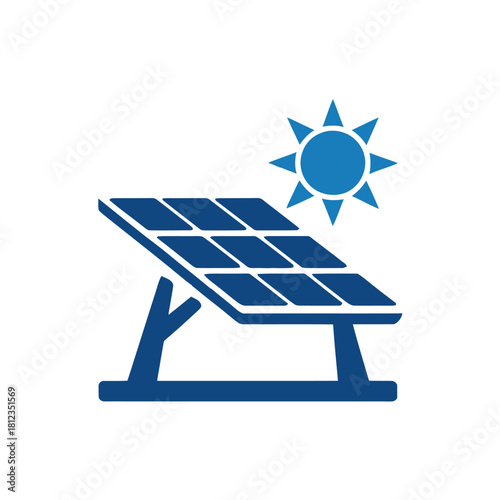 Solar panel on stand with bright sun icon for solar power generation isolated on