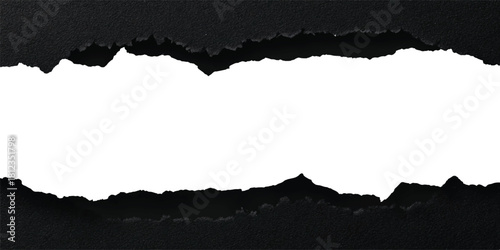 Torn paper revealing black space with rough edges, abstract design concept. Black paper isolated on white background. Ripped black and white paper, copy space. 