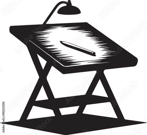 Silhouette of a Drafting Table with a Lamp and Pencil drawing table easel