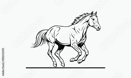 Detailed line art illustration of a majestic horse in full gallop isolated on white background