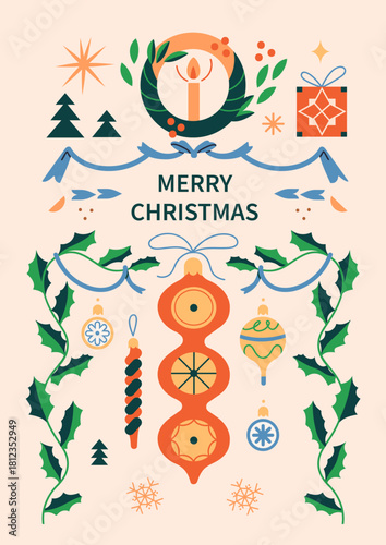 Christmas card design. Xmas and New Year holiday poster with baubles, ornamen...