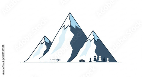 Serene mountain vista with airplane and car, a modern minimalist adventure design ideal for travel blogs and outdoor-themed projects with an artistic touch