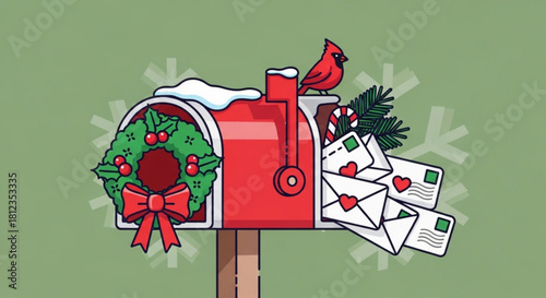 Festive mailbox overflowing with holiday greetings and a charming cardinal, perfect for Christmas cards, seasonal promotions, and heartwarming messages