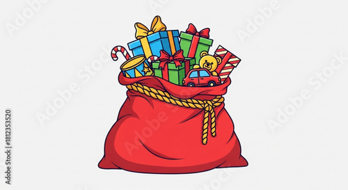 Festive Santa's sack overflowing with colorful gifts, a cuddly teddy bear, and a sweet candy cane ready for Christmas morning celebrations