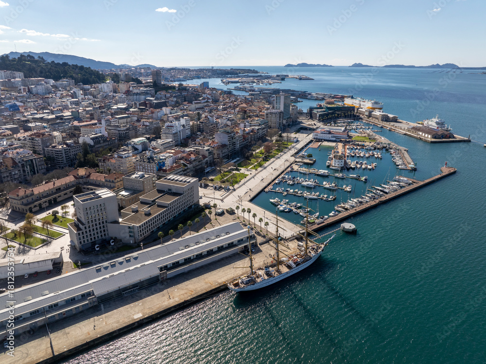 Fototapeta premium Aerial view of Vigo city center in Pontevedra, Galicia, Spain. Coastal city on the Ria de Vigo inlet, Capital Comarca.