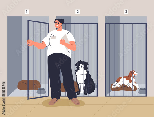 Volunteer open empty cage in animal shelter. Dogs staying and waiting in adoption and rescue center, in kennel housing, canine enclosure for abandoned and lost puppies. Flat vector illustration.