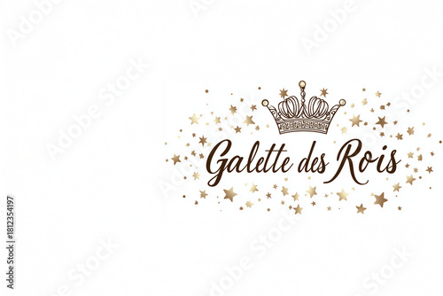 Texte en français « Galette des Rois » avec couronne décorative entourée d’étoiles sur fond blanc minimaliste avec espace négatif copyspace pour l’Épiphanie début janvier