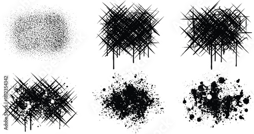 Collection of six black ink splatter and grunge textures on white background