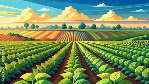 Very beautiful North Dakota soybean fields stretching across open farmland, showcasing vibrant rows of mature crops under clear skies, representing an essential agricultural resource used for feed, bi