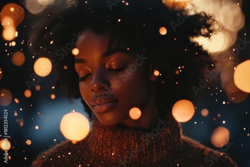 A young Black woman embracing warm, glowing sparks in a dreamy ambiance.
