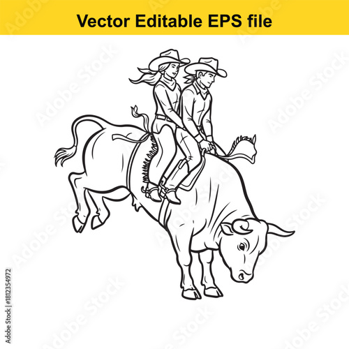 Black and white line art vector drawing of a cowboy and cowgirl riding a bucking bull, isolated on