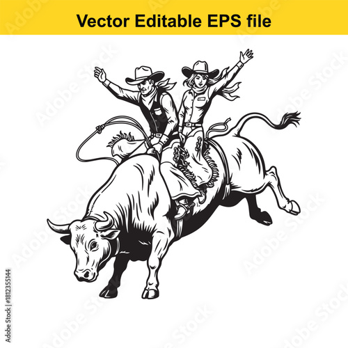 Black and white vector illustration of a cowboy and cowgirl riding a bucking bull together, isolated on