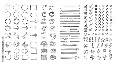 A set of hand drawn shapes, arrows, lines, check marks, crosses, and symbols, including circles, squares, arrows, lines, and punctuation isolated on