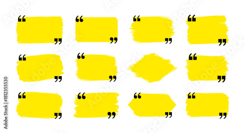 Collection of yellow brush stroke quote box frames with quotation marks isolated on set of hand drawn speech bubble templates for text, message, comment, citation