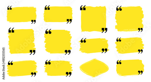 Set of yellow brush stroke quote box frames with quotation marks isolated on collection of hand drawn speech bubble templates for text, message, comment, citation