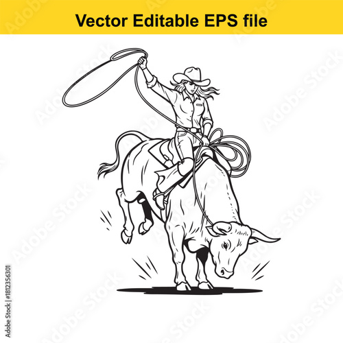 Line art illustration of a female rodeo rider skillfully roping a bucking bull while holding a lasso, isolated on