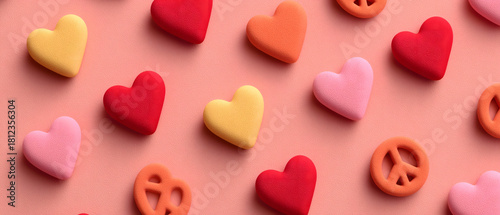 Groovy Retro Repeat, valentine: Heart sweets with peace symbol look lovely on pink surface, spreading love and positivity all around this Valentine Day
